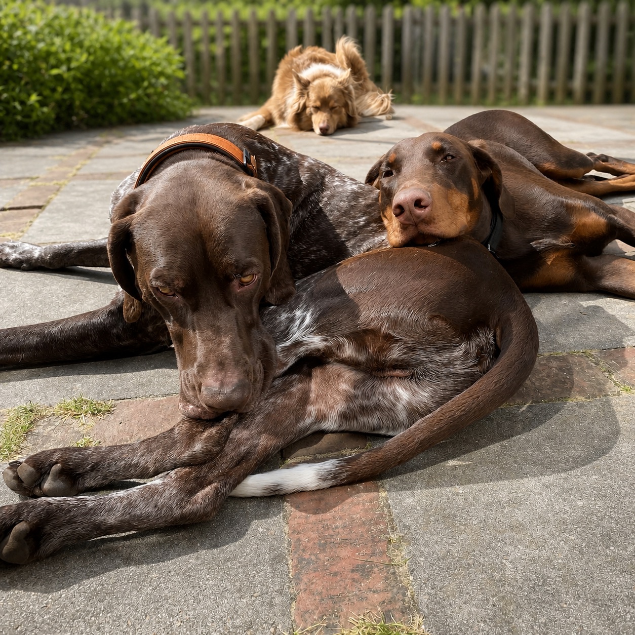 Vier honden rusten ontspannen samen in de zon